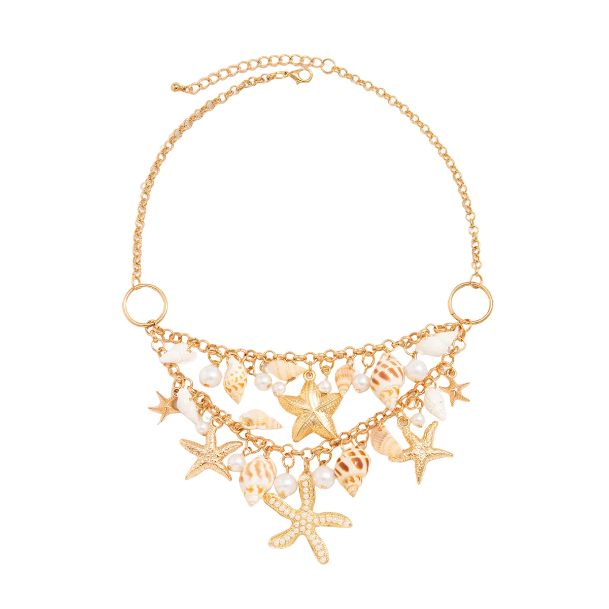 Pearl and Goldtone Starfish Conch Cluster Statement Necklace, dainty minimalist design, front view