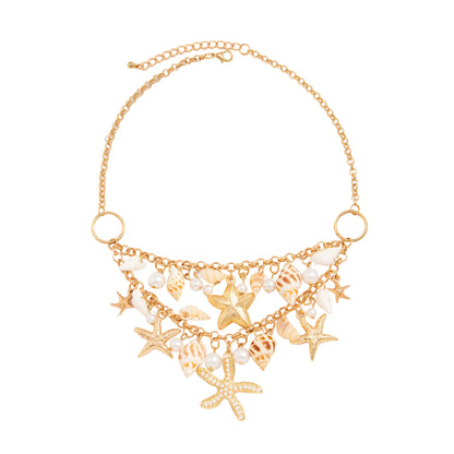 Pearl and Goldtone Starfish Conch Cluster Statement Necklace, dainty minimalist design, front view