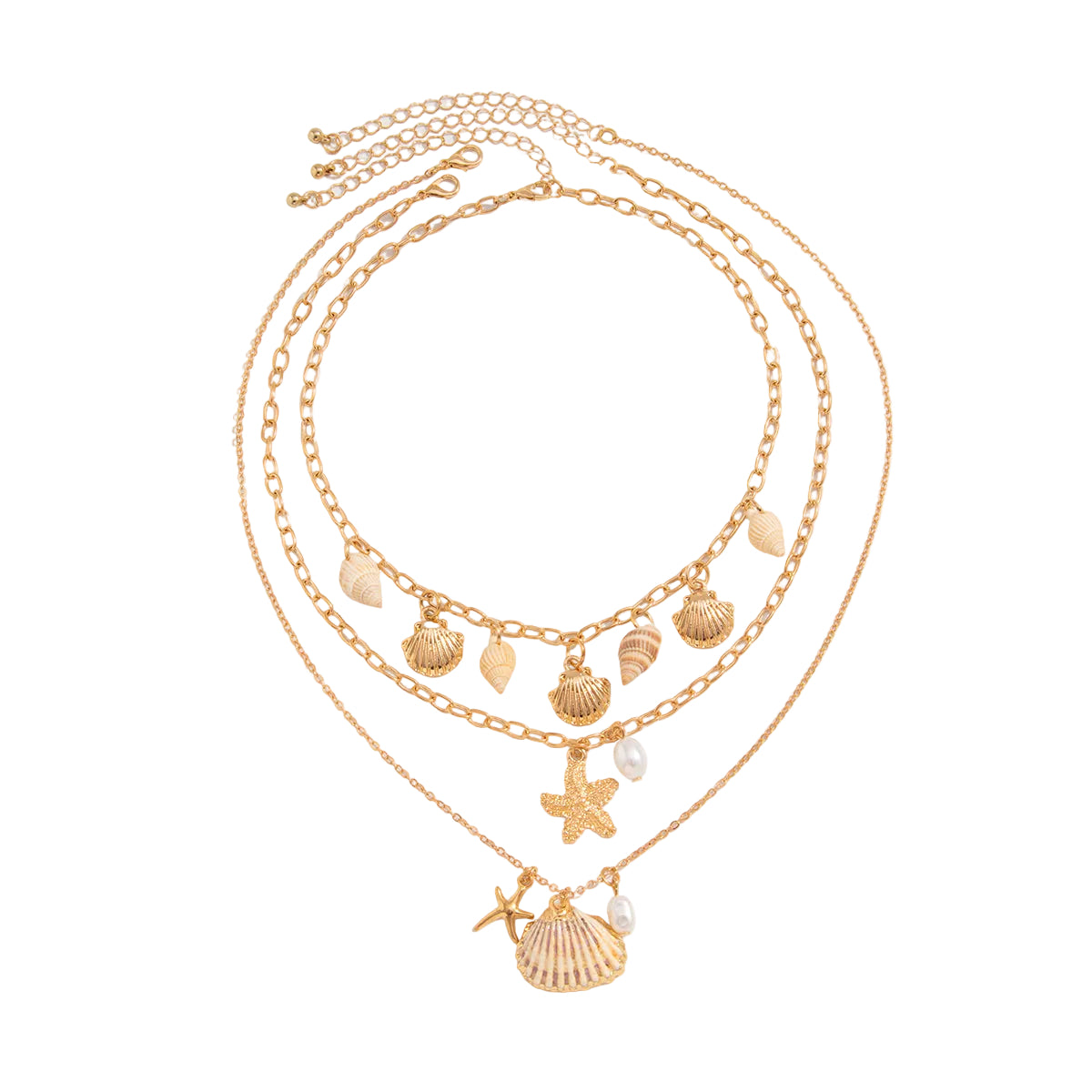 Pearl and Shell Goldtone Sea Lives Pendant Necklace Set, gold pendant necklace for women, elegant gift for her, front view