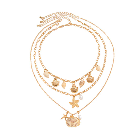 Pearl and Shell Goldtone Sea Lives Pendant Necklace Set, gold pendant necklace for women, elegant gift for her, front view