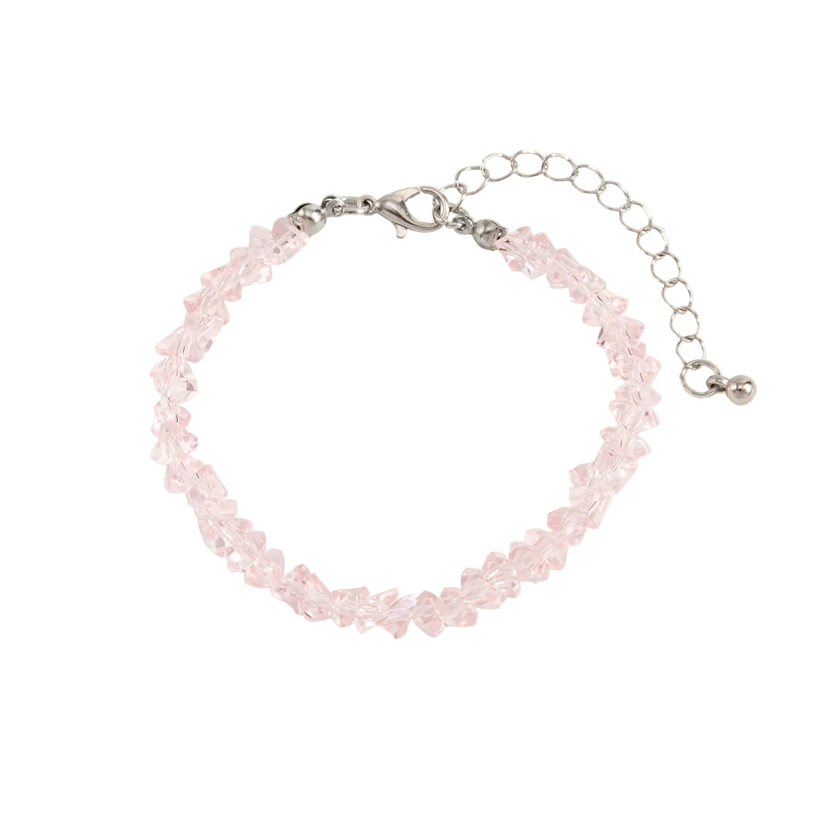 Pink Resin and Silvertone Irregular Beads Link Bracelet, silver bracelet for women, botanical inspired, front view