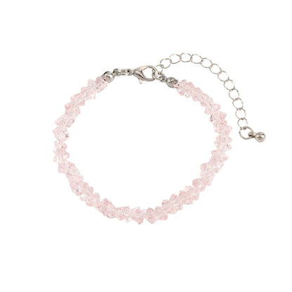 Pink Resin and Silvertone Irregular Beads Link Bracelet, silver bracelet for women, botanical inspired, front view