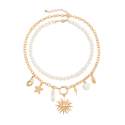 Pearl and Enamel Goldtone Sea Lives Sun Pendant Necklace Set, gold pendant necklace for women, front view