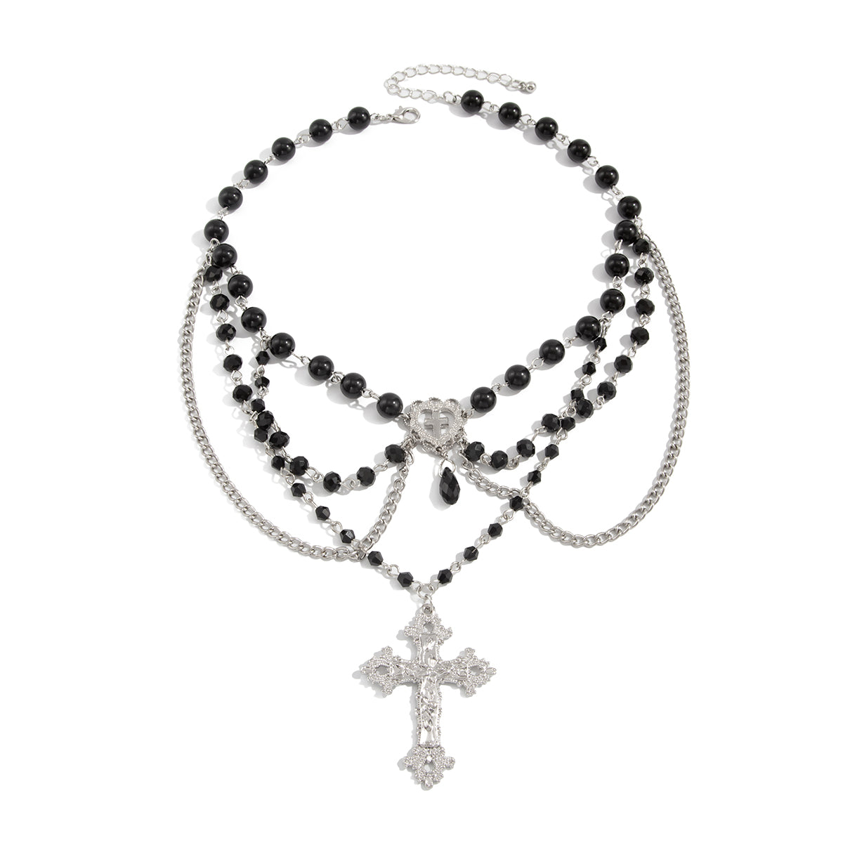 Black Acrylic and Silvertone Cross Heart Pendant Layered Necklace, vintage-inspired design, front view