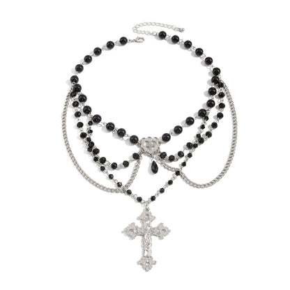 Black Acrylic and Silvertone Cross Heart Pendant Layered Necklace, vintage-inspired design, front view