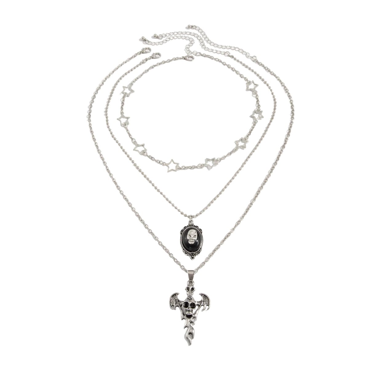 Black Resin and Enamel Silvertone Skull Bat Pendant Necklace Set, silver pendant necklace for women, front view
