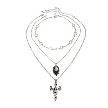 Black Resin and Enamel Silvertone Skull Bat Pendant Necklace Set, silver pendant necklace for women, front view