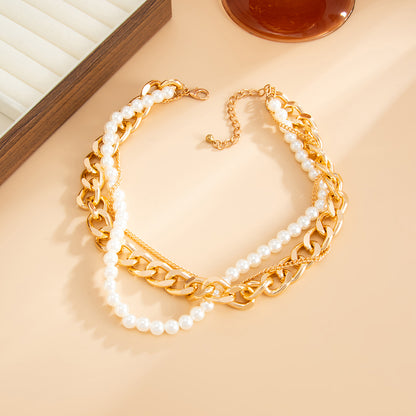 Pearl and Goldtone Curb Chain Layered Collar Necklace, everyday style, side view