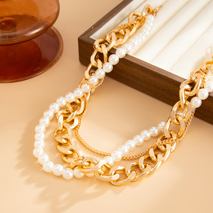 Pearl and Goldtone Curb Chain Layered Collar Necklace, everyday style, detail close-up