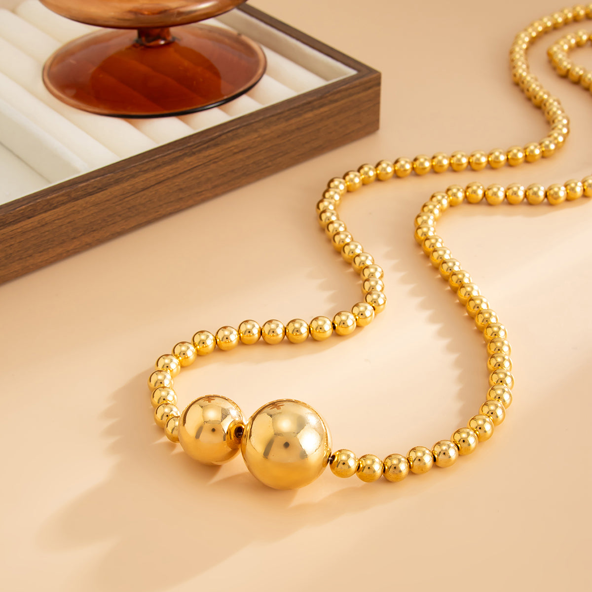 Goldtone Bead Statement Necklace, elegant gift for her, detail close-up
