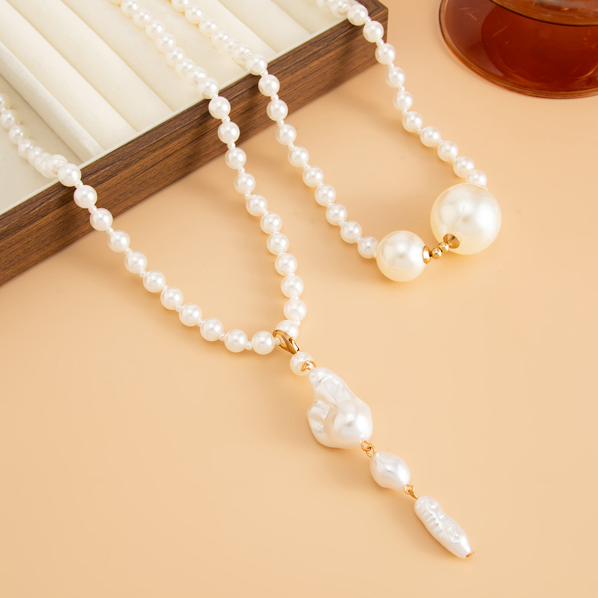 Baroque Pearl and Goldtone Drop Statement Long Necklace, everyday style, side view