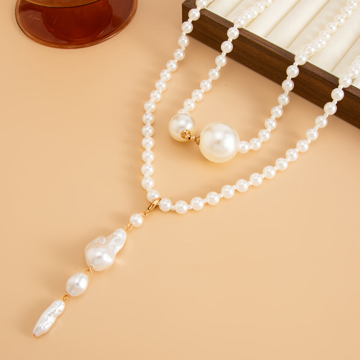 Baroque Pearl and Goldtone Drop Statement Long Necklace, everyday style, detail close-up