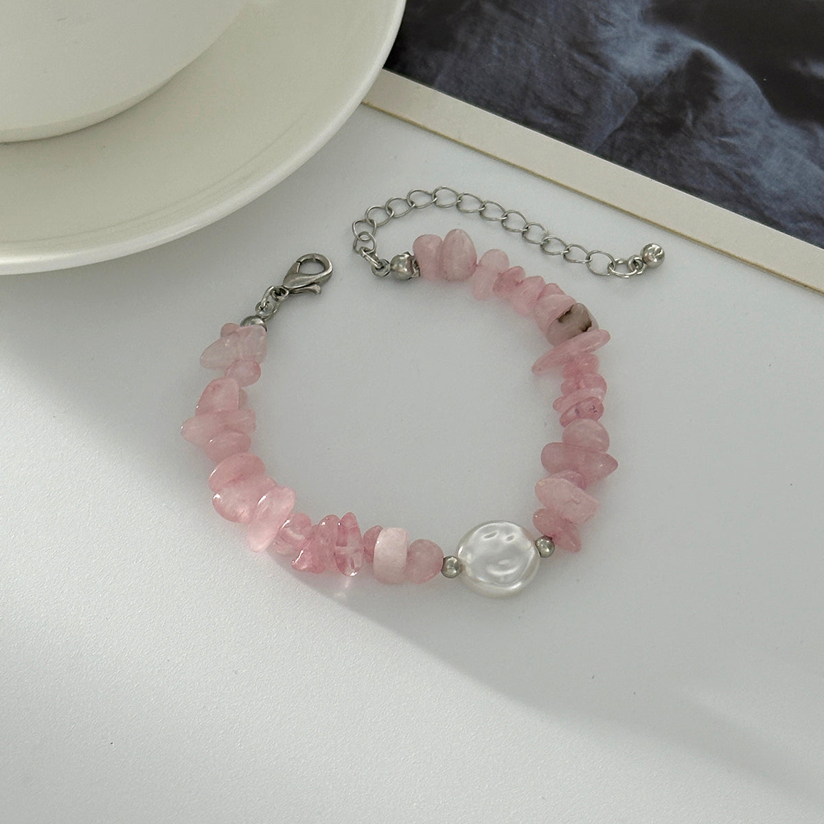 Pink Quartz and Baroque Pearl Silvertone Beads Chain Bracelet, silver bracelet for women, botanical inspired, side view