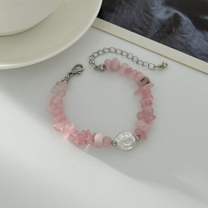 Pink Quartz and Baroque Pearl Silvertone Beads Chain Bracelet, silver bracelet for women, botanical inspired, side view