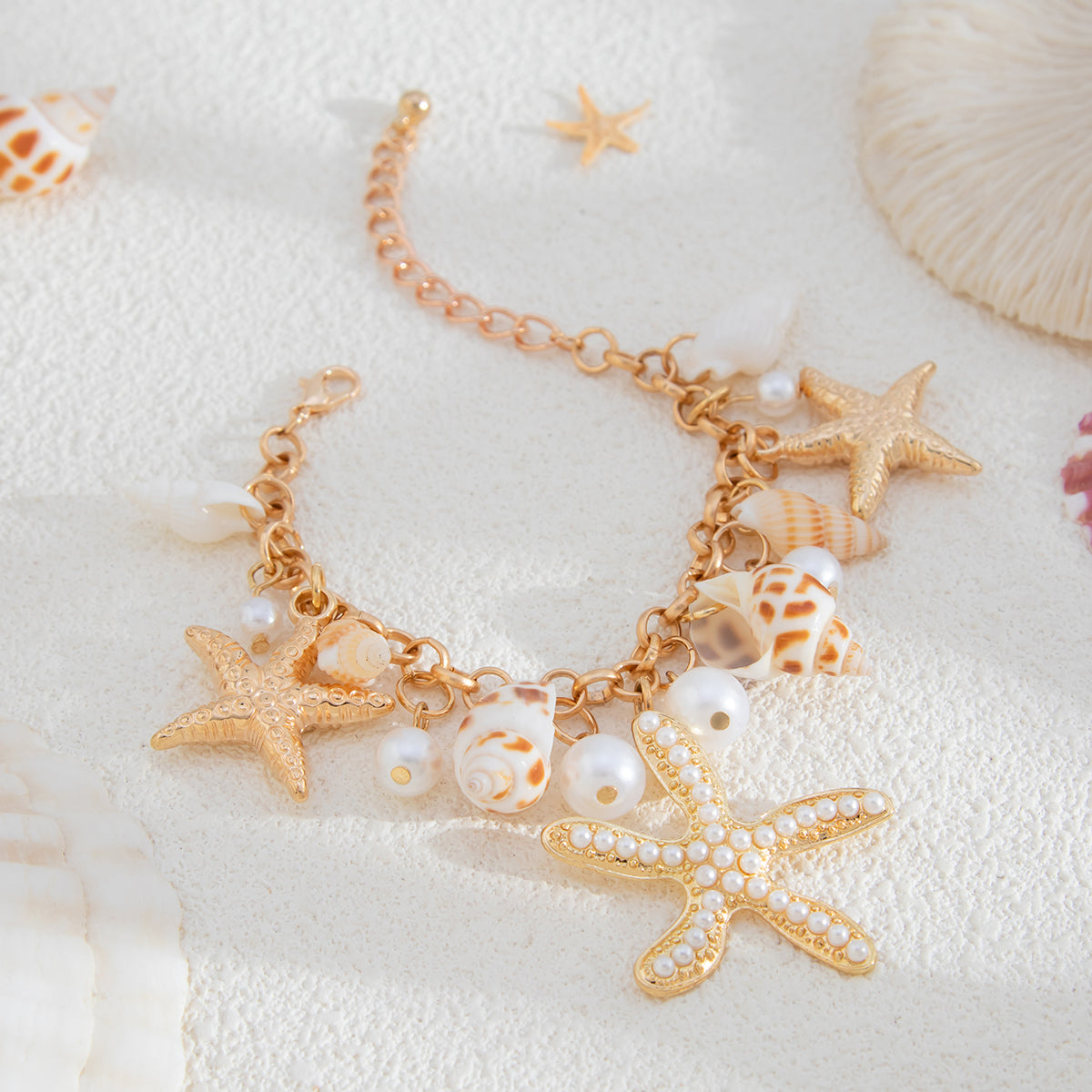 Conch Shell and Pearl Goldtone Starfish Charm Bracelet, elegant gift for her, side view