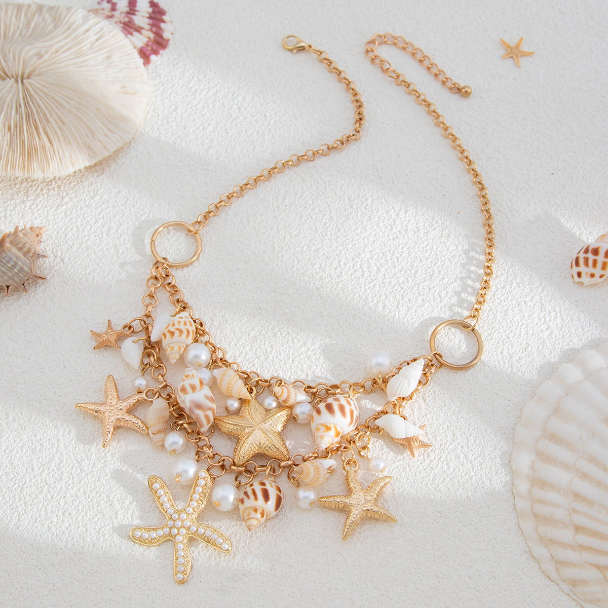 Pearl and Goldtone Starfish Conch Cluster Statement Necklace, dainty minimalist design, side view
