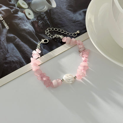 Pink Quartz and Baroque Pearl Silvertone Beads Chain Bracelet, silver bracelet for women, botanical inspired, detail close-up