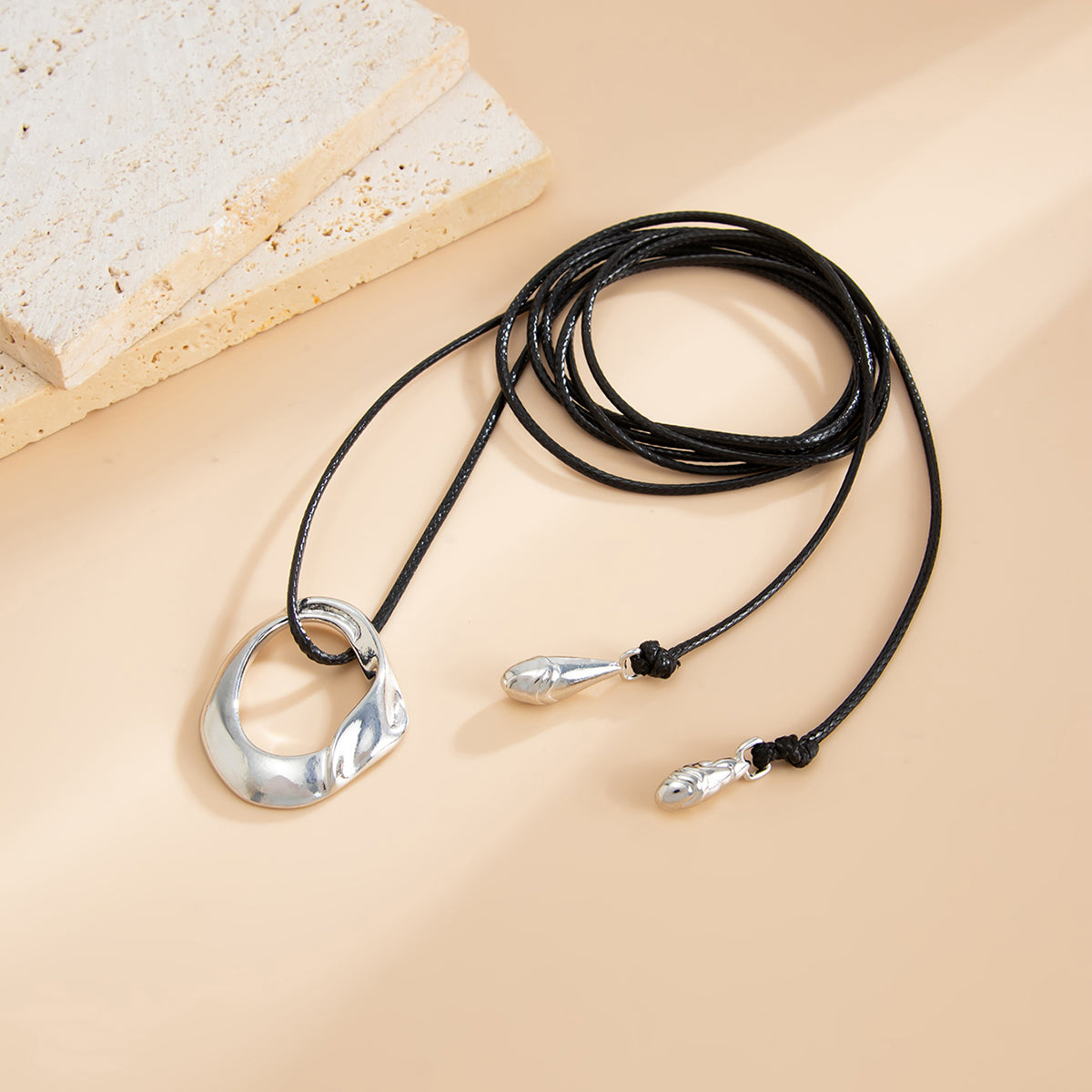 Polyster and Silvertone Open Irregular Pendant Long Necklace, dainty minimalist design, side view