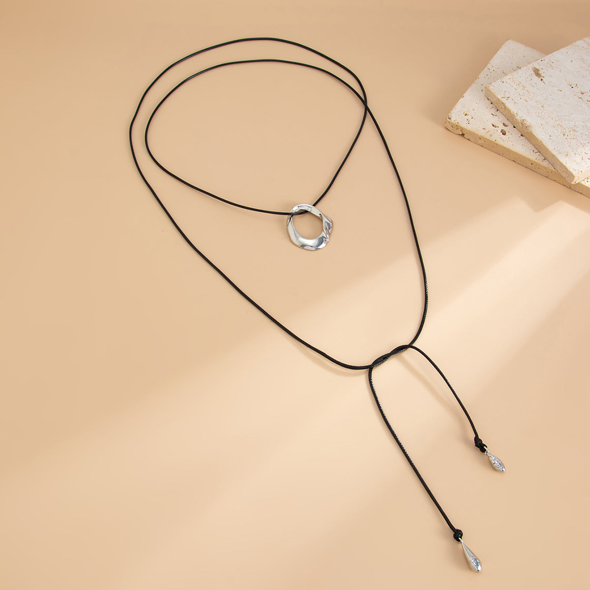 Polyster and Silvertone Open Irregular Pendant Long Necklace, dainty minimalist design, detail close-up