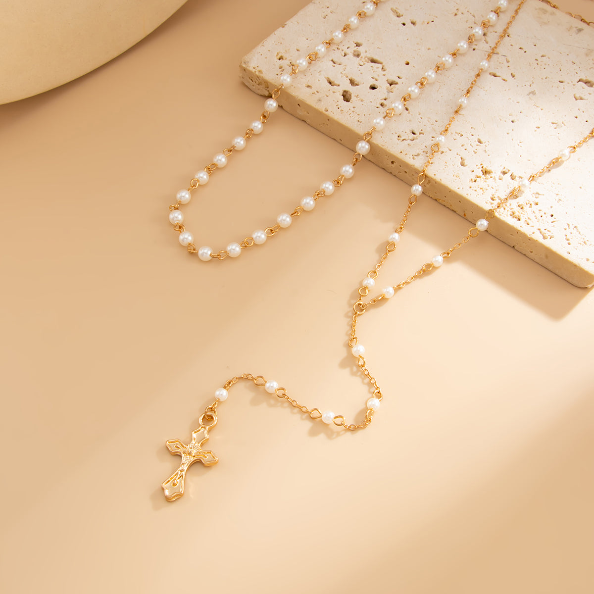 Pearl and Goldtone Cross Drop Necklace Set, gold pendant necklace for women, botanical inspired, side view