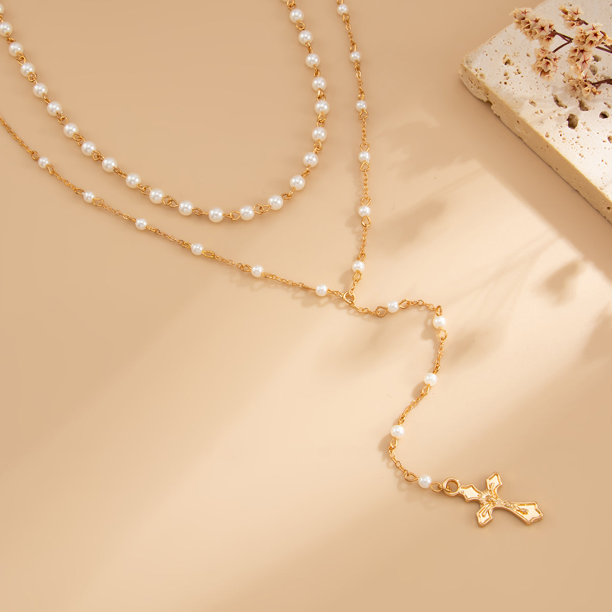 Pearl and Goldtone Cross Drop Necklace Set, gold pendant necklace for women, botanical inspired, detail close-up