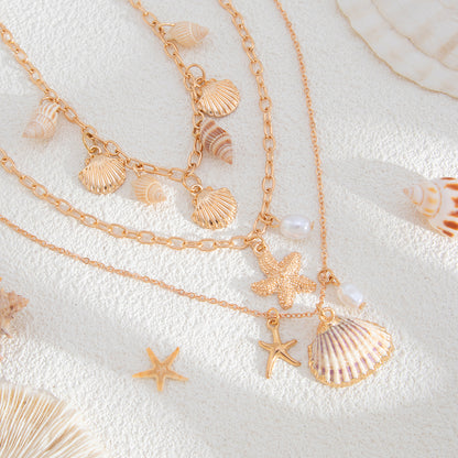 Pearl and Shell Goldtone Sea Lives Pendant Necklace Set, gold pendant necklace for women, elegant gift for her, side view