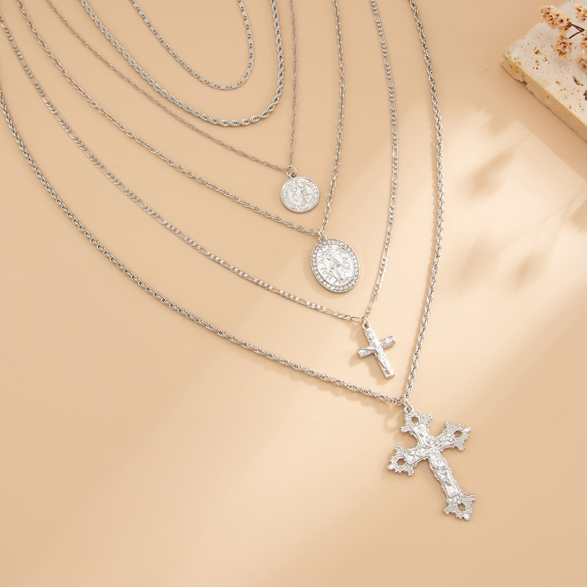 Cubic Zirconia and Silvertone Marry Oval Cross Pendant Necklace Set, silver pendant necklace for women, side view