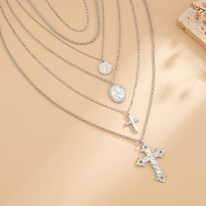 Cubic Zirconia and Silvertone Marry Oval Cross Pendant Necklace Set, silver pendant necklace for women, side view