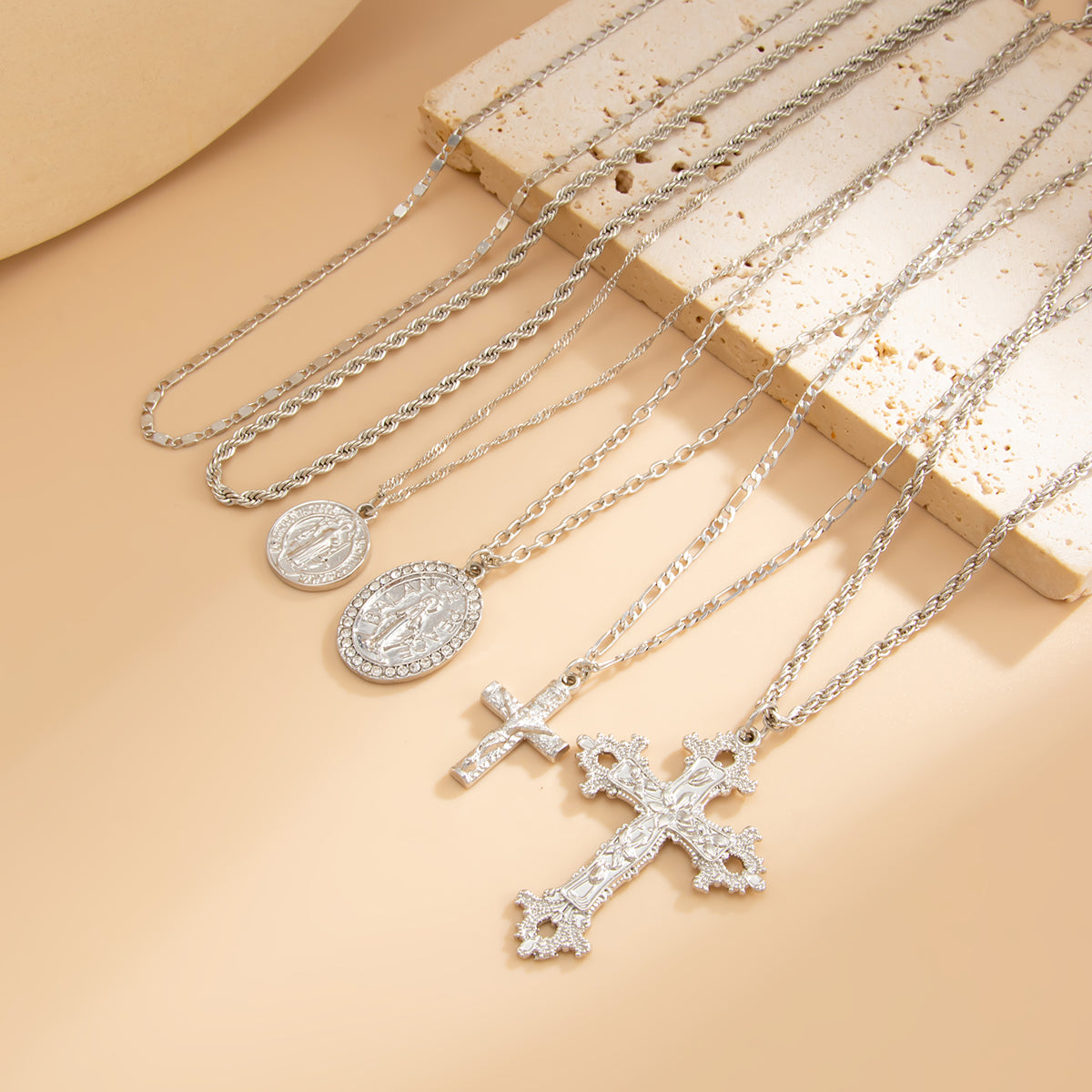 Cubic Zirconia and Silvertone Marry Oval Cross Pendant Necklace Set, silver pendant necklace for women, detail close-up