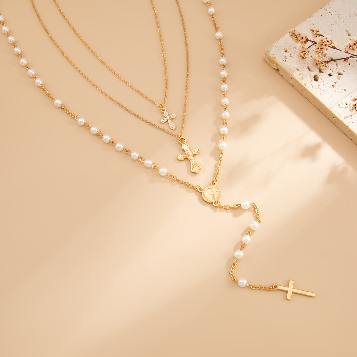 Pearl and Goldtone Beads Chain Cross Pendant Drop Necklace Set, gold pendant necklace for women, side view