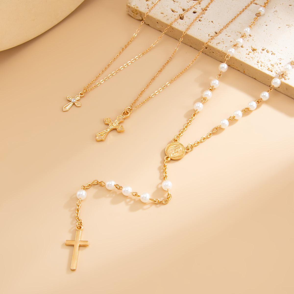Pearl and Goldtone Beads Chain Cross Pendant Drop Necklace Set, gold pendant necklace for women, detail close-up