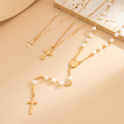 Pearl and Goldtone Beads Chain Cross Pendant Drop Necklace Set, gold pendant necklace for women, detail close-up