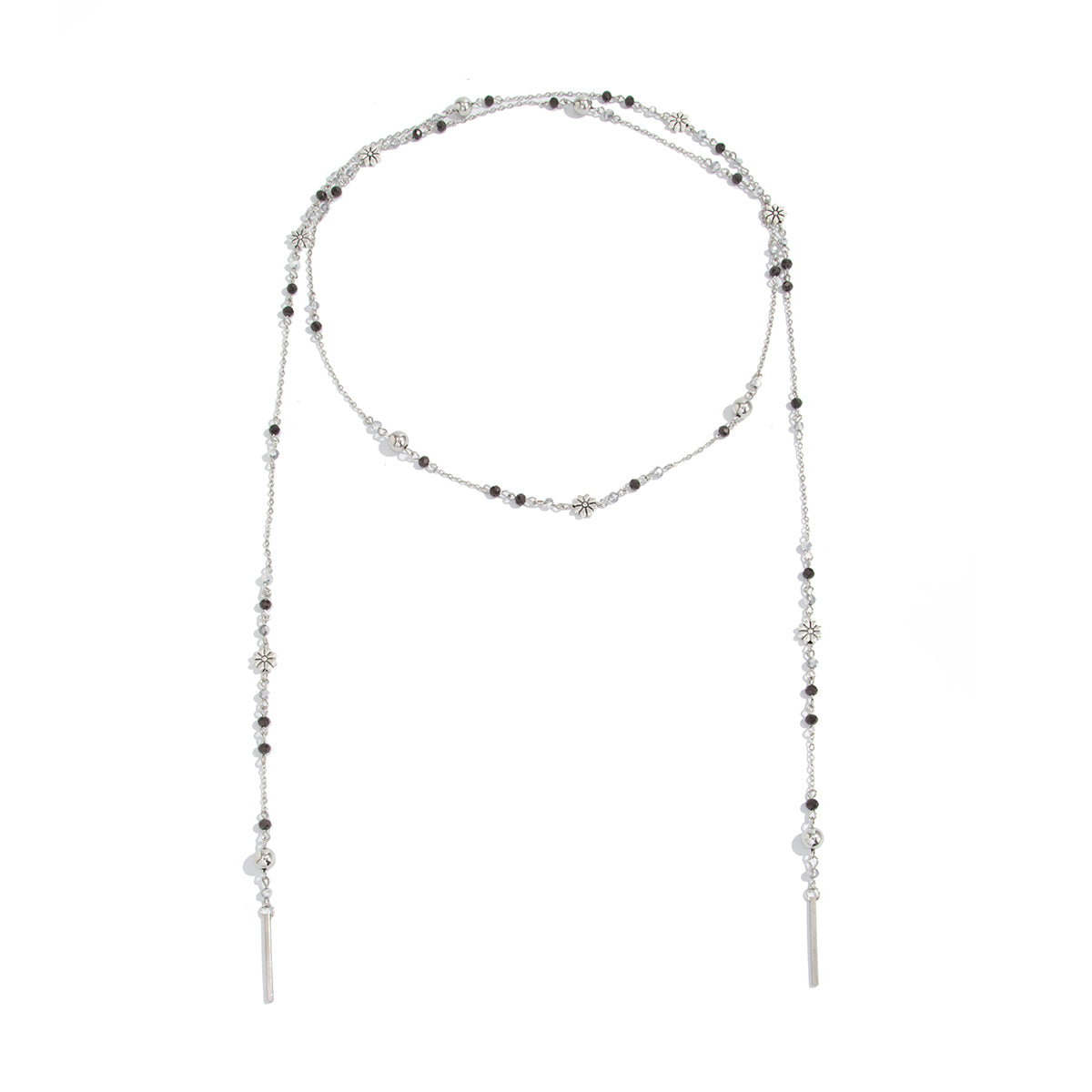 Colored Acrylic and Silvertone Bead Flower Station Long Necklace, vintage-inspired design, front view
