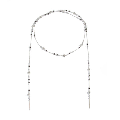 Colored Acrylic and Silvertone Bead Flower Station Long Necklace, vintage-inspired design, front view