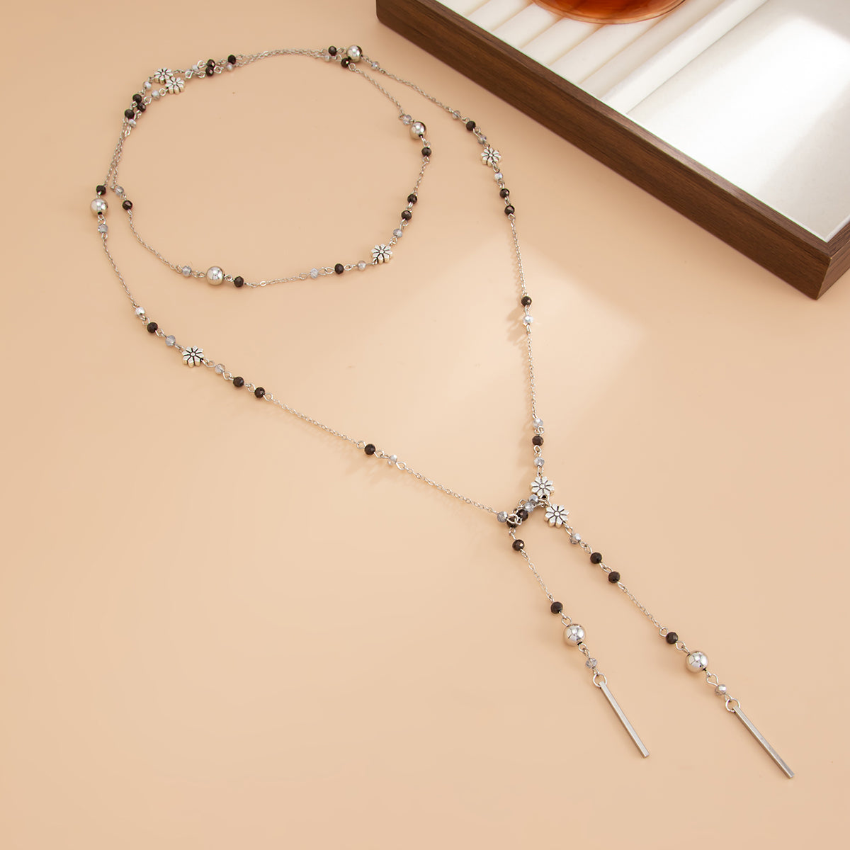 Colored Acrylic and Silvertone Bead Flower Station Long Necklace, vintage-inspired design, side view