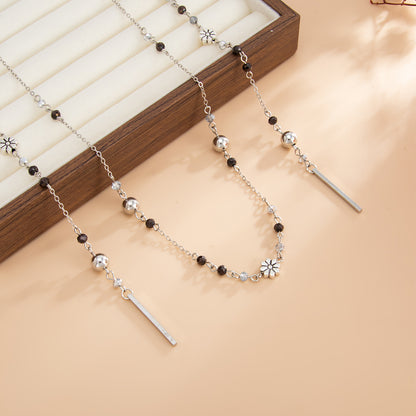 Colored Acrylic and Silvertone Bead Flower Station Long Necklace, vintage-inspired design, detail close-up