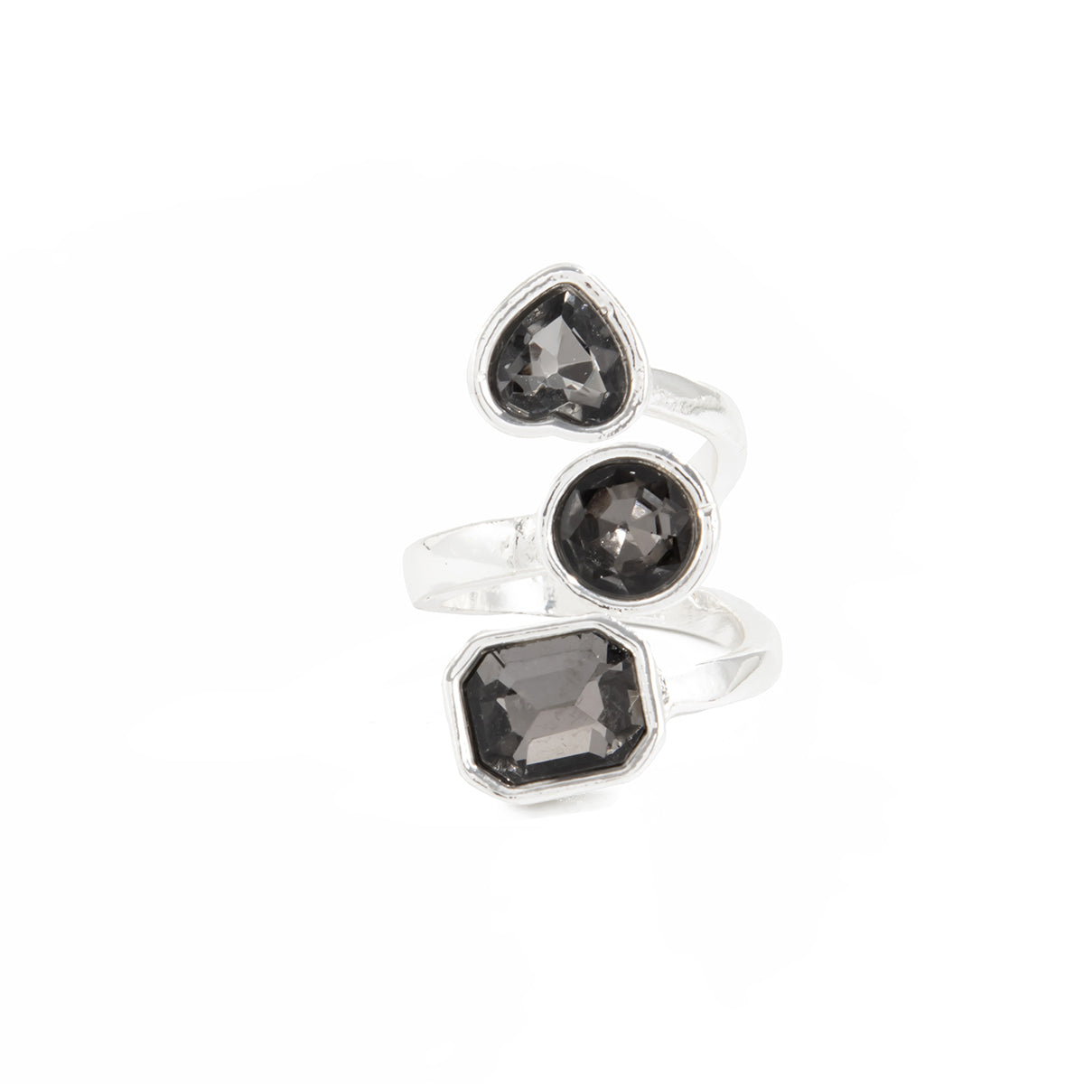 Gray Crystal and Silvertone Geometric Bypass Ring, elegant gift for her, front view