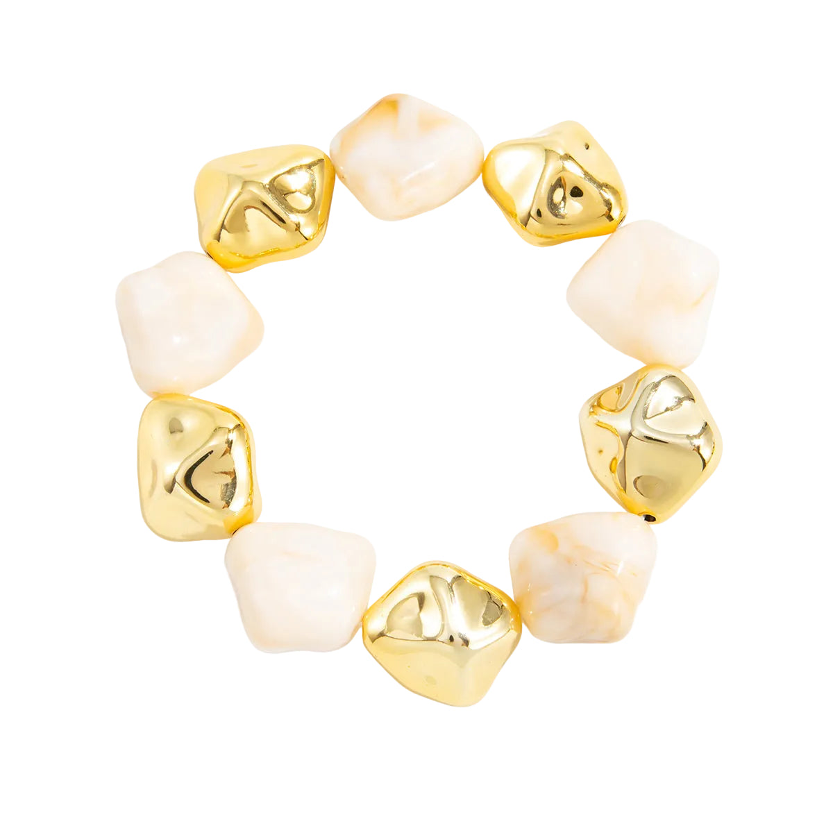 Beige Resin and Goldtone Irregular Beads Station Stretch Bracelet, dainty minimalist design, front view