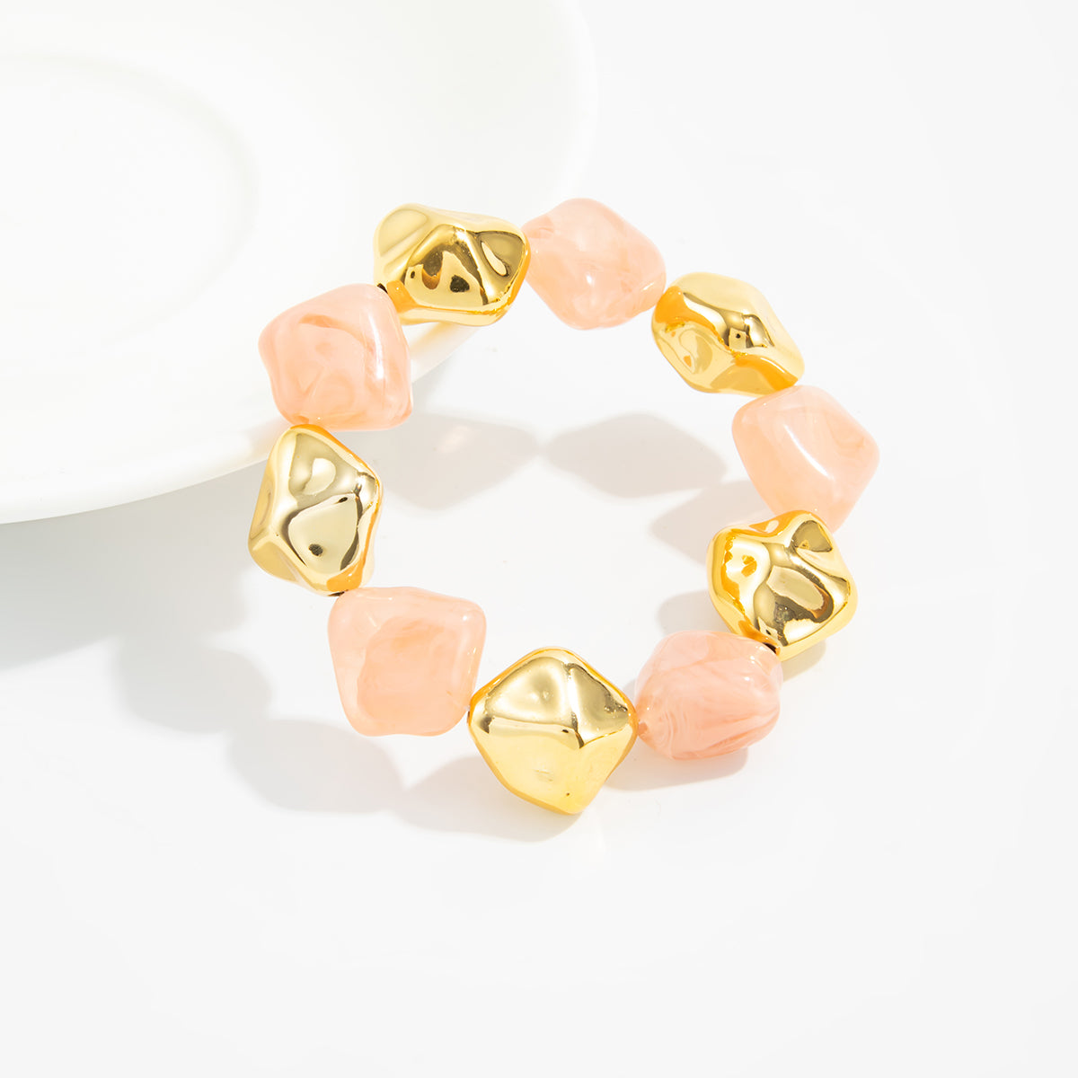 Pink Resin and Goldtone Irregular Beads Station Stretch Bracelet, everyday style, lifestyle look