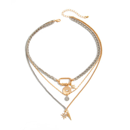 Cubic Zirconia and Two Tone Eye Star Pendant Layered Necklace, elegant gift for her, front view