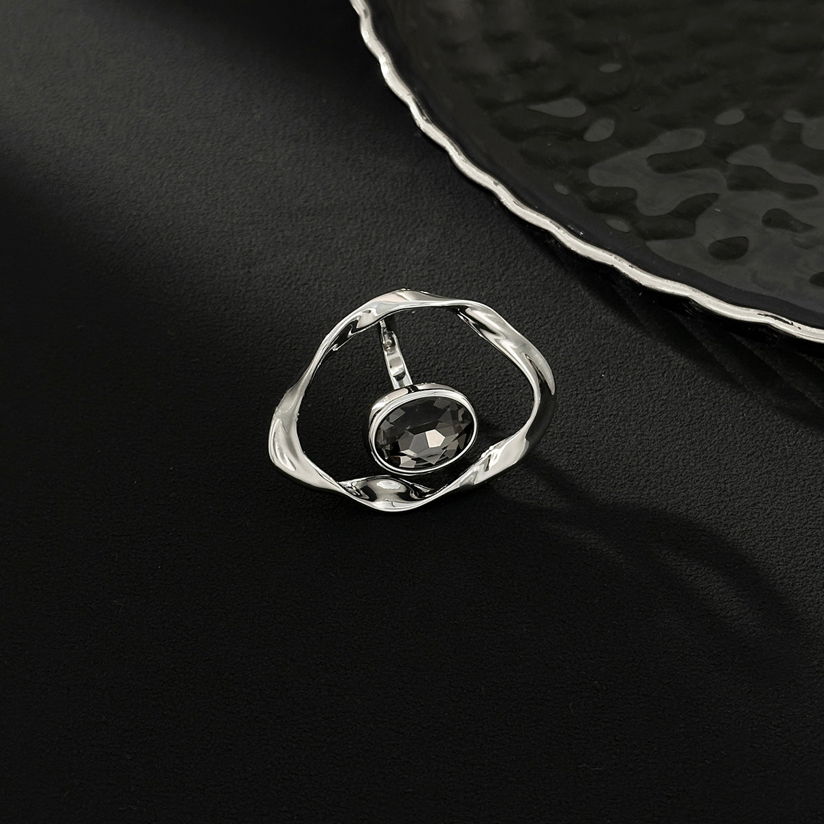 Gray Crystal and Silvertone Open Eye Ring, botanical inspired, detail close-up