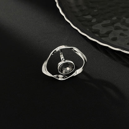 Gray Crystal and Silvertone Open Eye Ring, botanical inspired, detail close-up