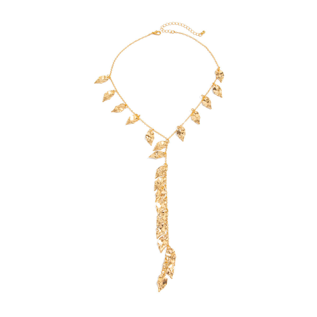 Goldtone Hammered Leaves Drop Necklace, botanical inspired, front view