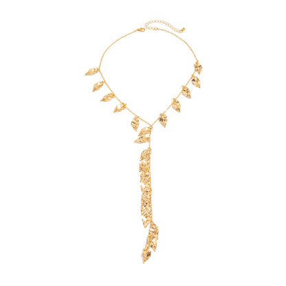 Goldtone Hammered Leaves Drop Necklace, botanical inspired, front view