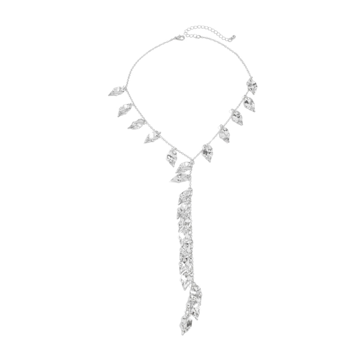 Silvertone Hammered Leaves Drop Necklace, elegant gift for her, front view