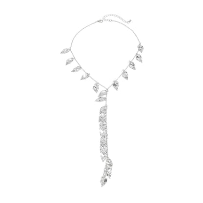 Silvertone Hammered Leaves Drop Necklace, elegant gift for her, front view