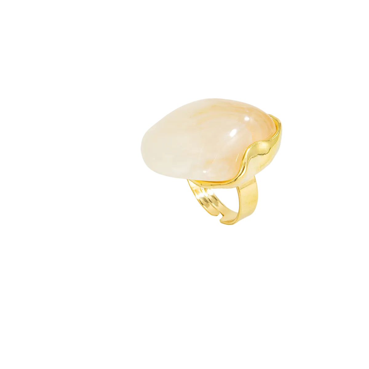 White Resin and Goldtone Irregular Drop Open Ring, vintage-inspired design, front view