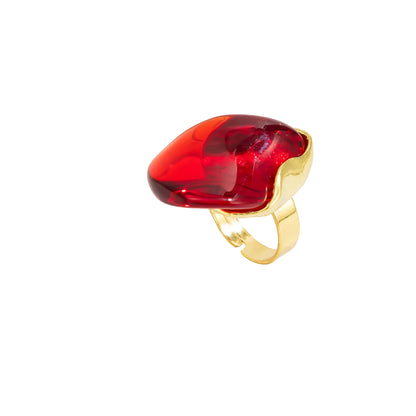 Red Resin and Goldtone Irregular Drop Open Ring, elegant gift for her, front view