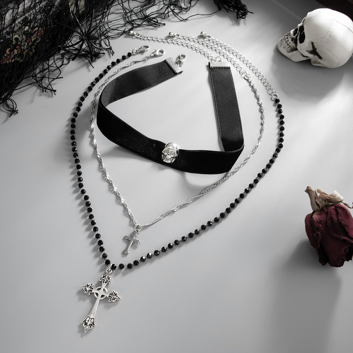 Black Polyster and Acrylic Silvertone Skull Cross Charm Necklace Set, silver pendant necklace for women, side view