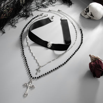 Black Polyster and Acrylic Silvertone Skull Cross Charm Necklace Set, silver pendant necklace for women, side view